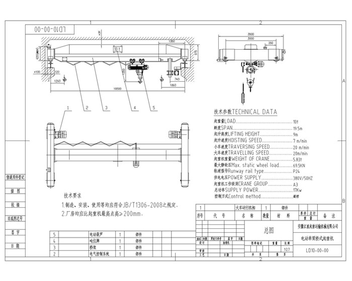 雄峰LD10t-19.5m電動(dòng)單梁起重機(jī)